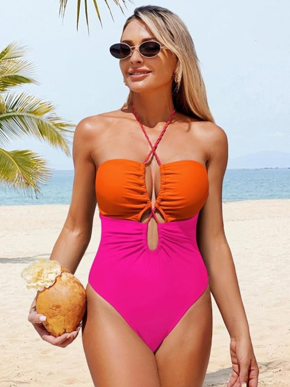 Eagerbuy Women's One Piece Swimsuit Colorblock L